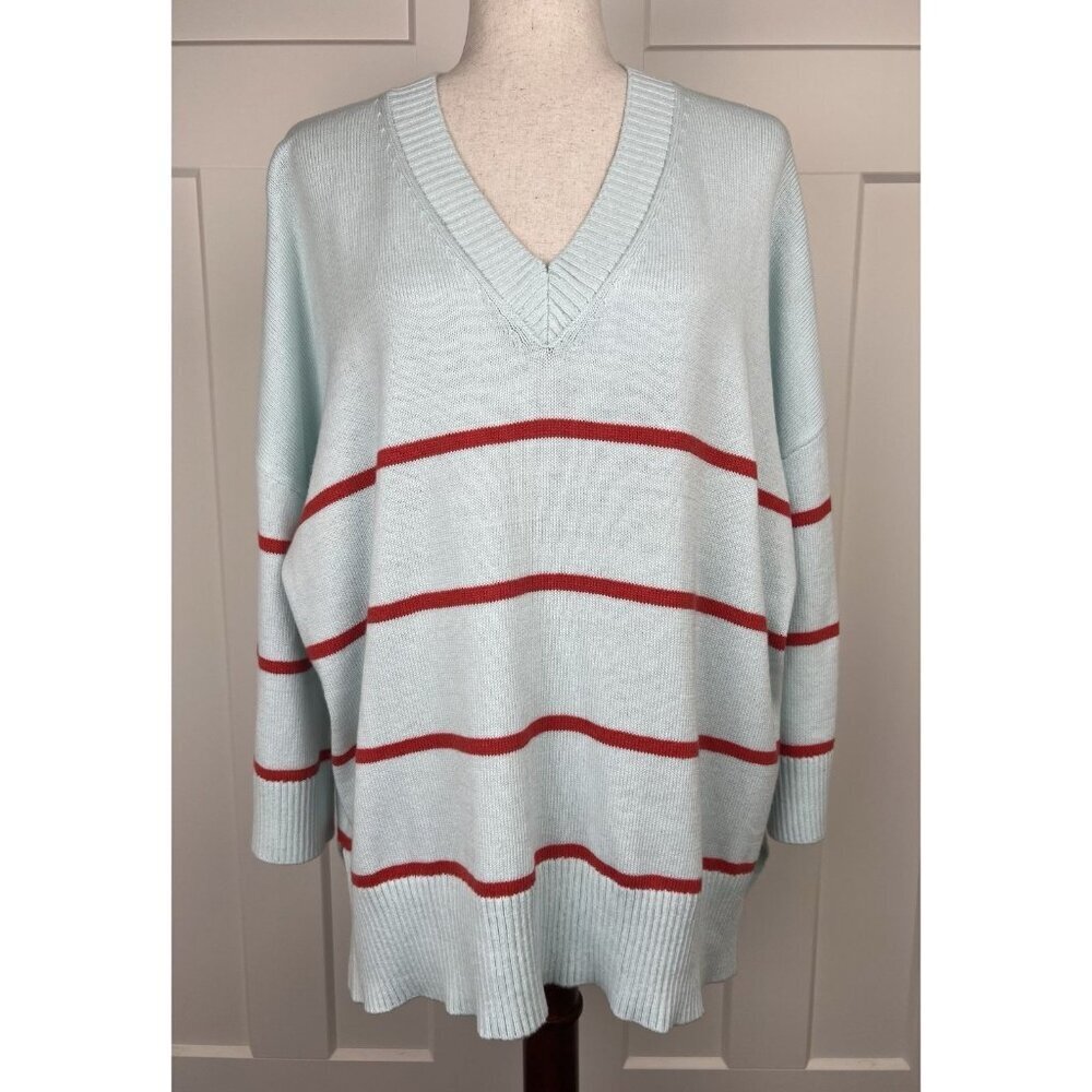 Mersea Oversized V-Neck Sweater Aqua Red Stripe Coastal Knit One Size Tunic